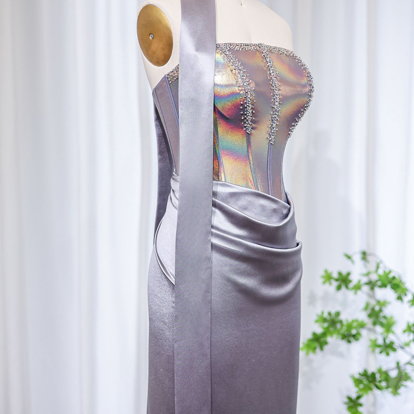 Elegant Strapless Gray Satin Evening Dress with Scarf SS704