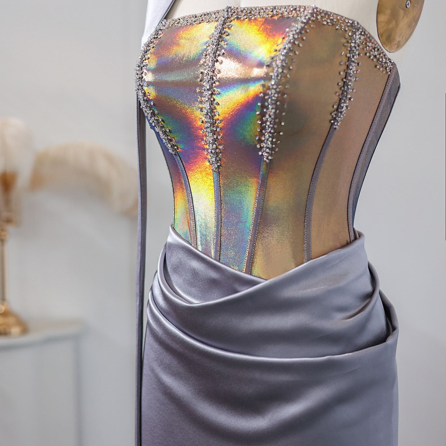 Elegant Strapless Gray Satin Evening Dress with Scarf SS704