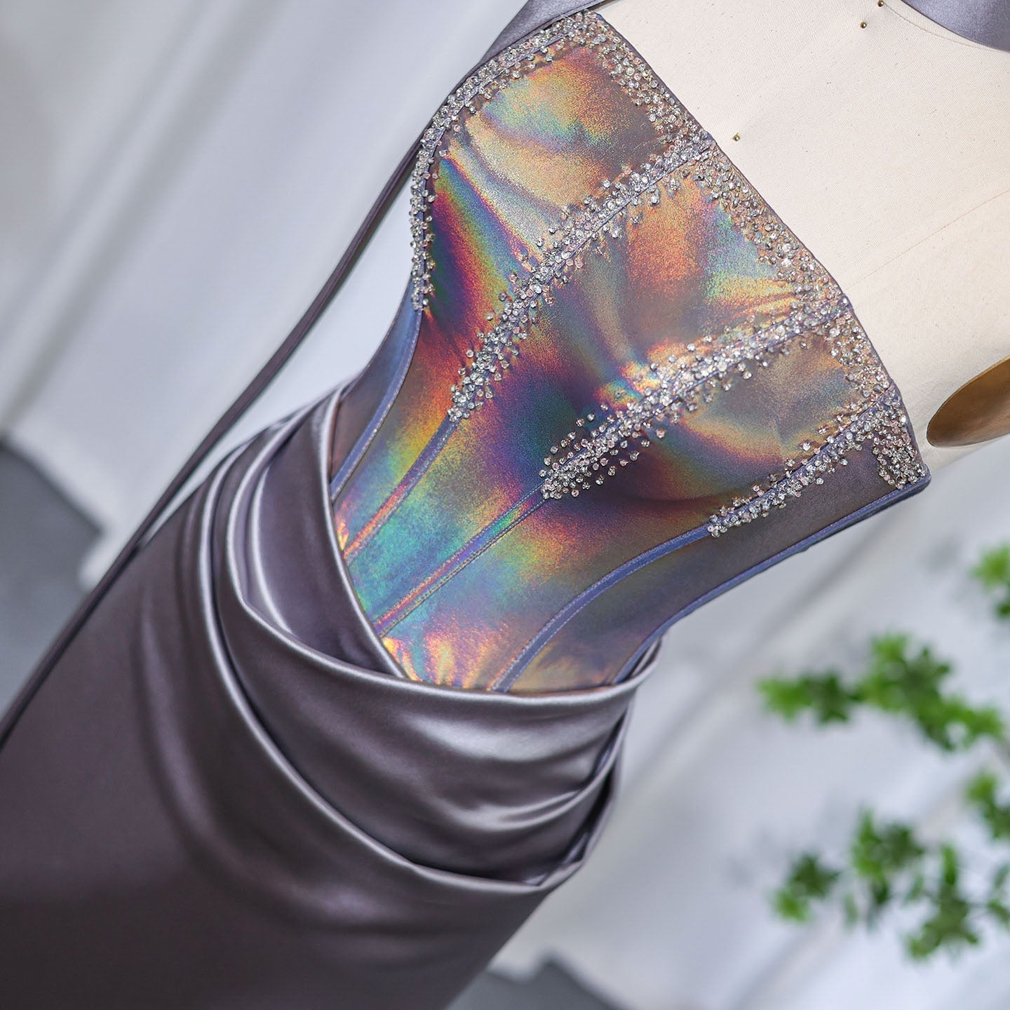 Elegant Strapless Gray Satin Evening Dress with Scarf SS704