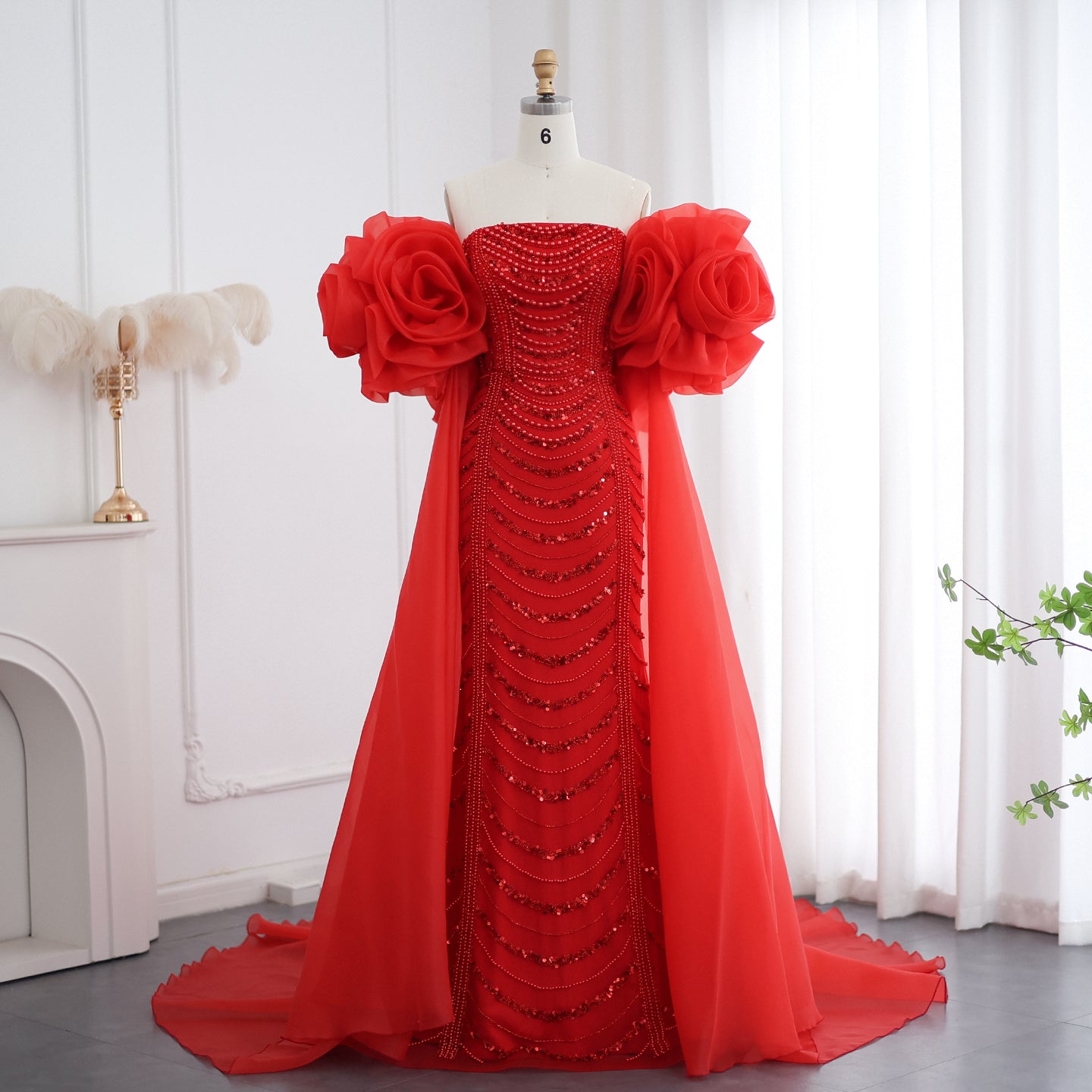 Luxury Pearl Red Evening Dress with 3D Flowers Cape SS585