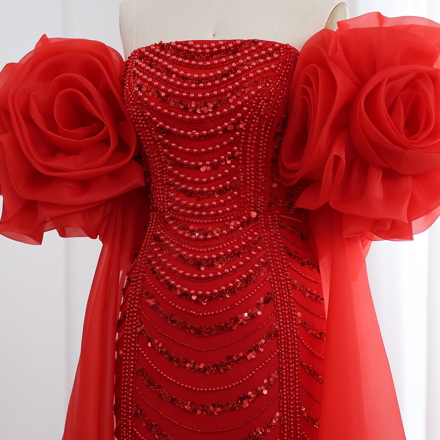 Luxury Pearl Red Evening Dress with 3D Flowers Cape SS585