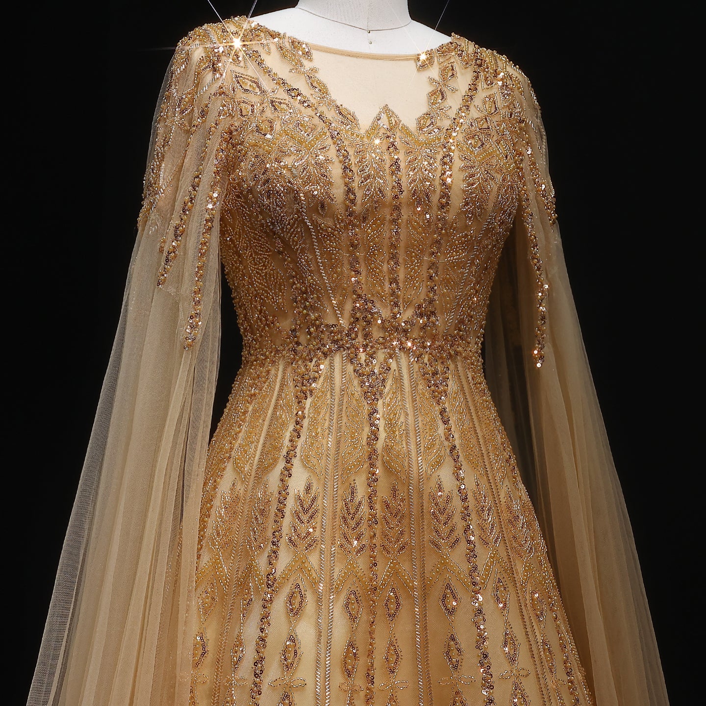 Luxury Blue Evening Dress with Cape Sleeves SS001