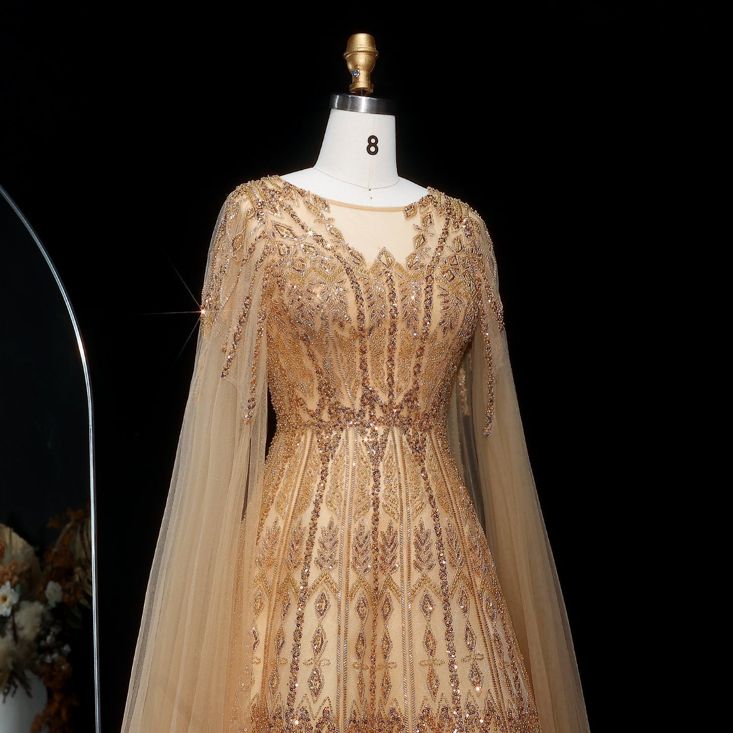 Luxury Blue Evening Dress with Cape Sleeves SS001