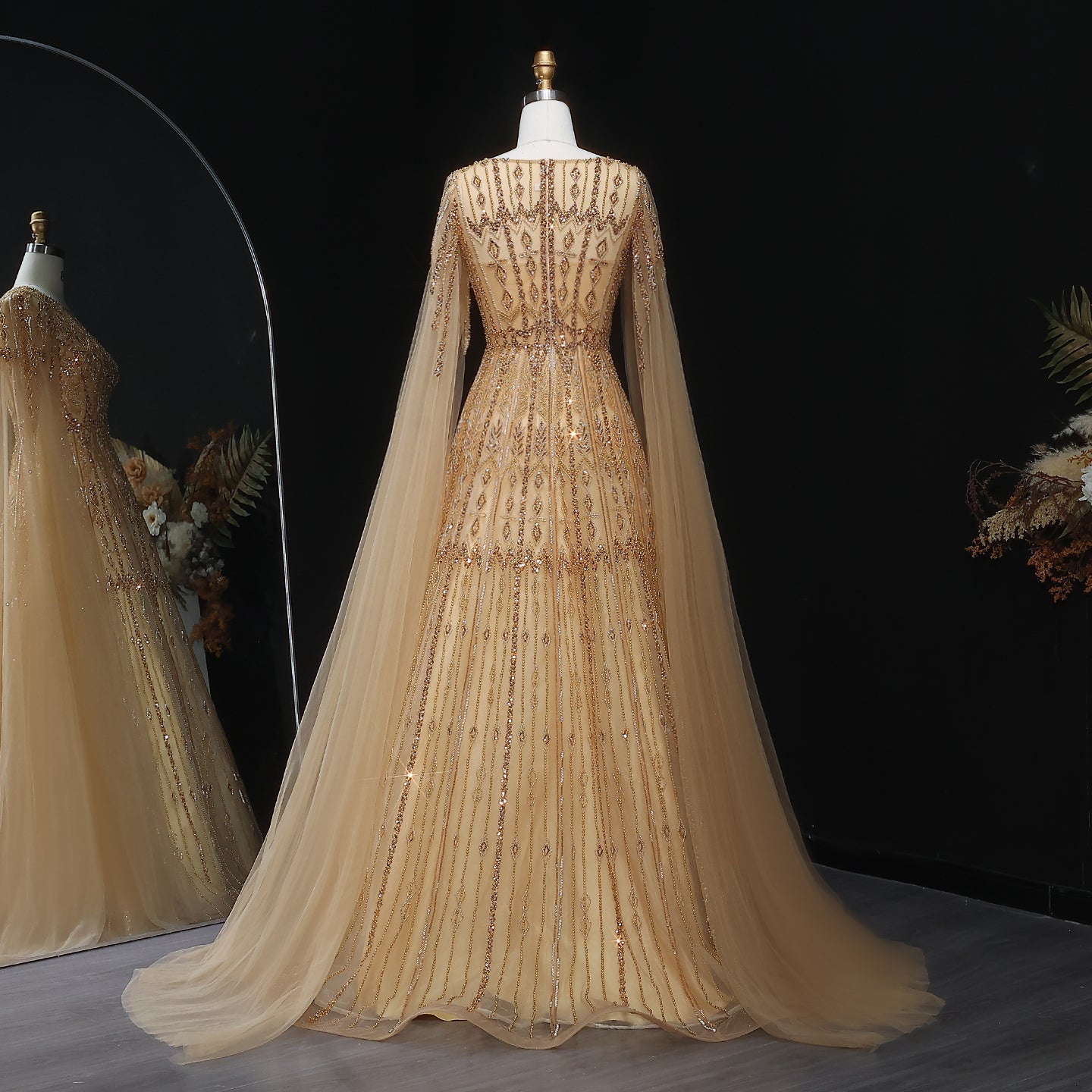 Luxury Blue Evening Dress with Cape Sleeves SS001