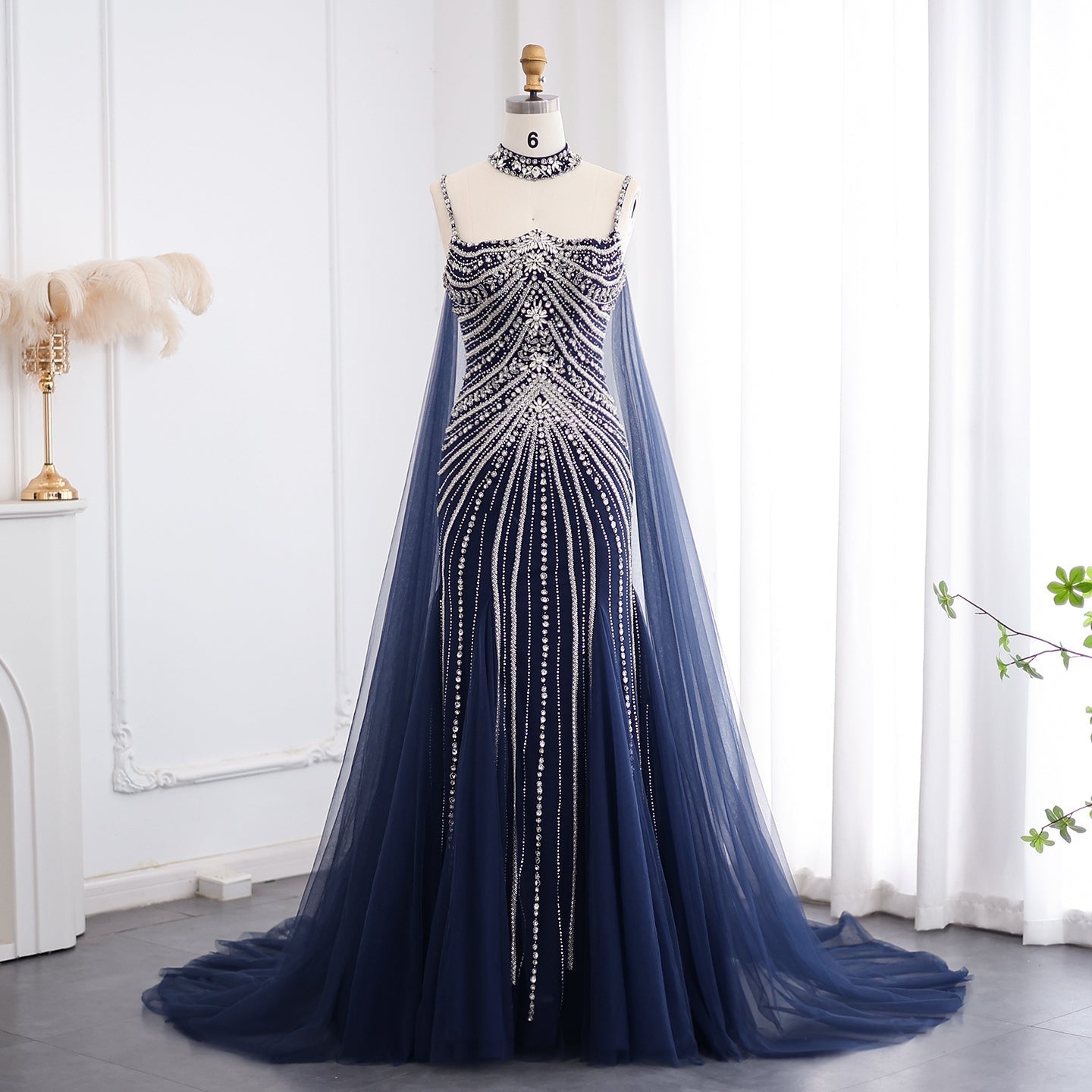 Luxury Navy Blue Mermaid Evening Dress with Chocker Cape SS325  Navy Blue / US 16