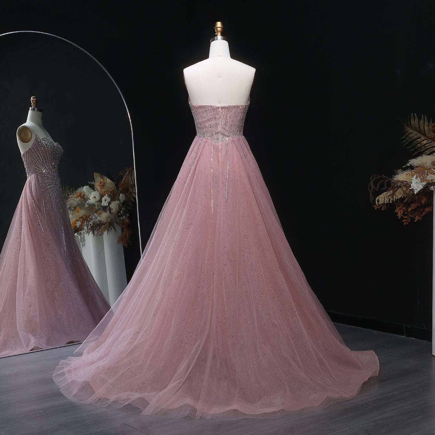 Sparkle Strapless Champagne Evening Dress with Overskirt SS360