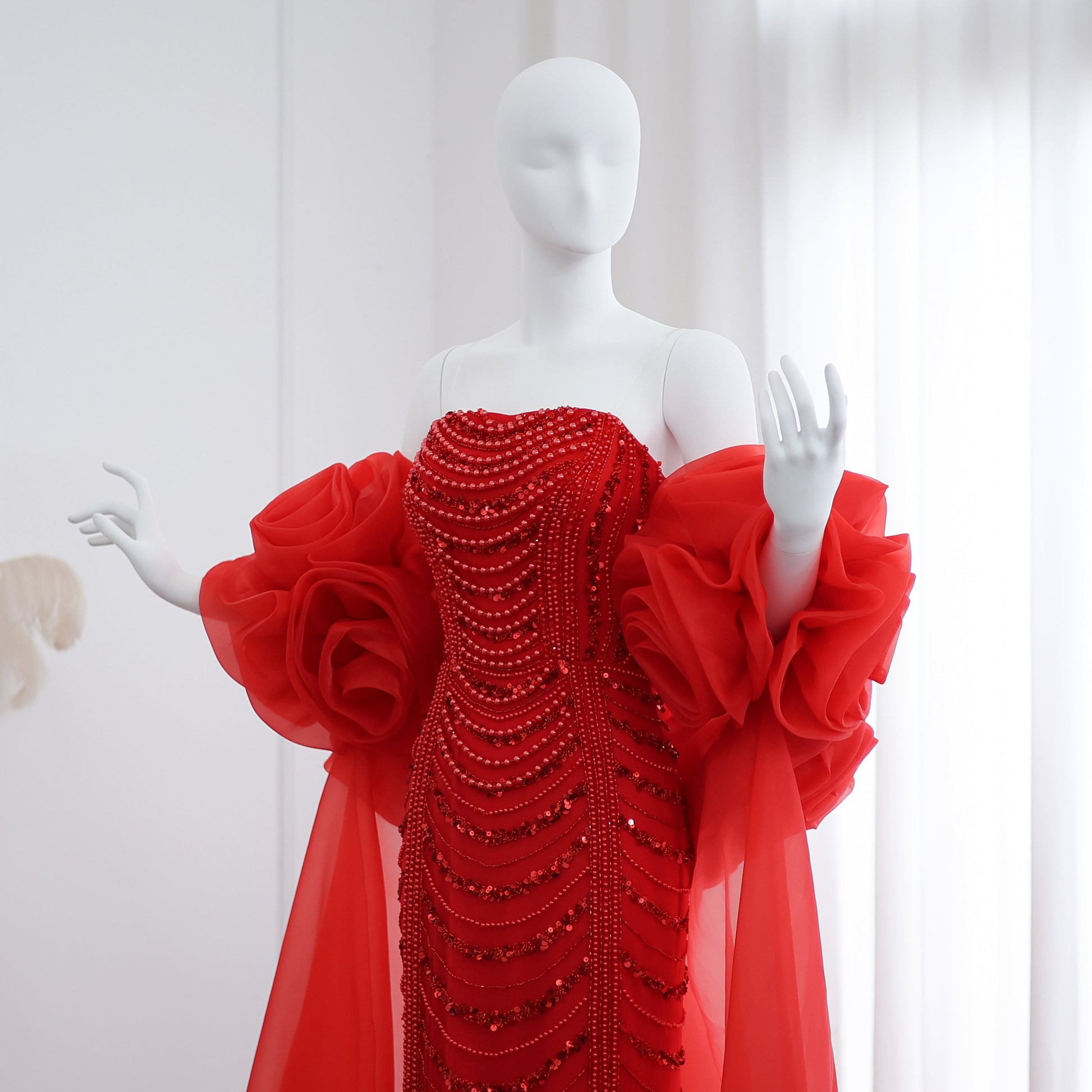 Luxury Pearl Red Evening Dress with 3D Flowers Cape SS585
