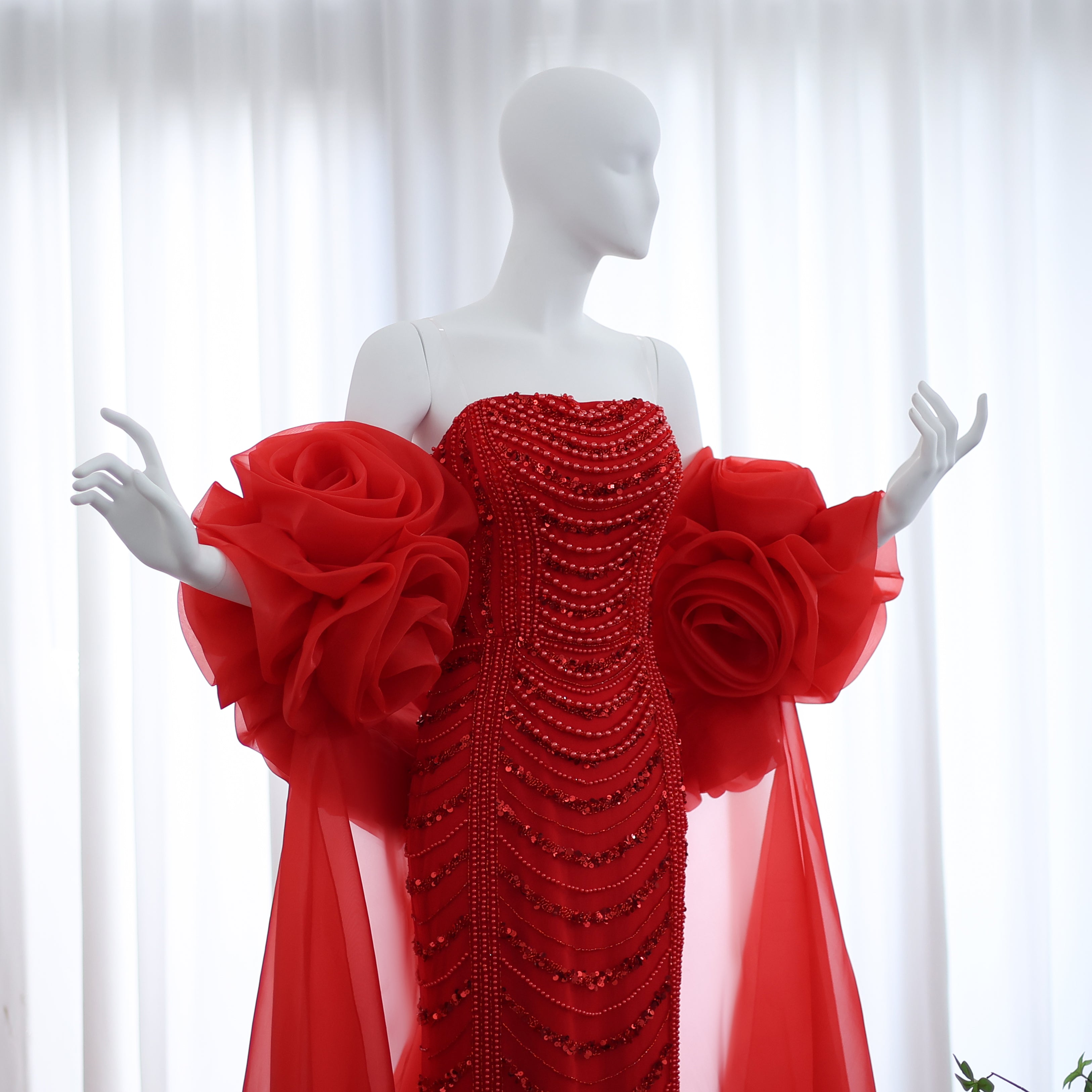Luxury Pearl Red Evening Dress with 3D Flowers Cape SS585