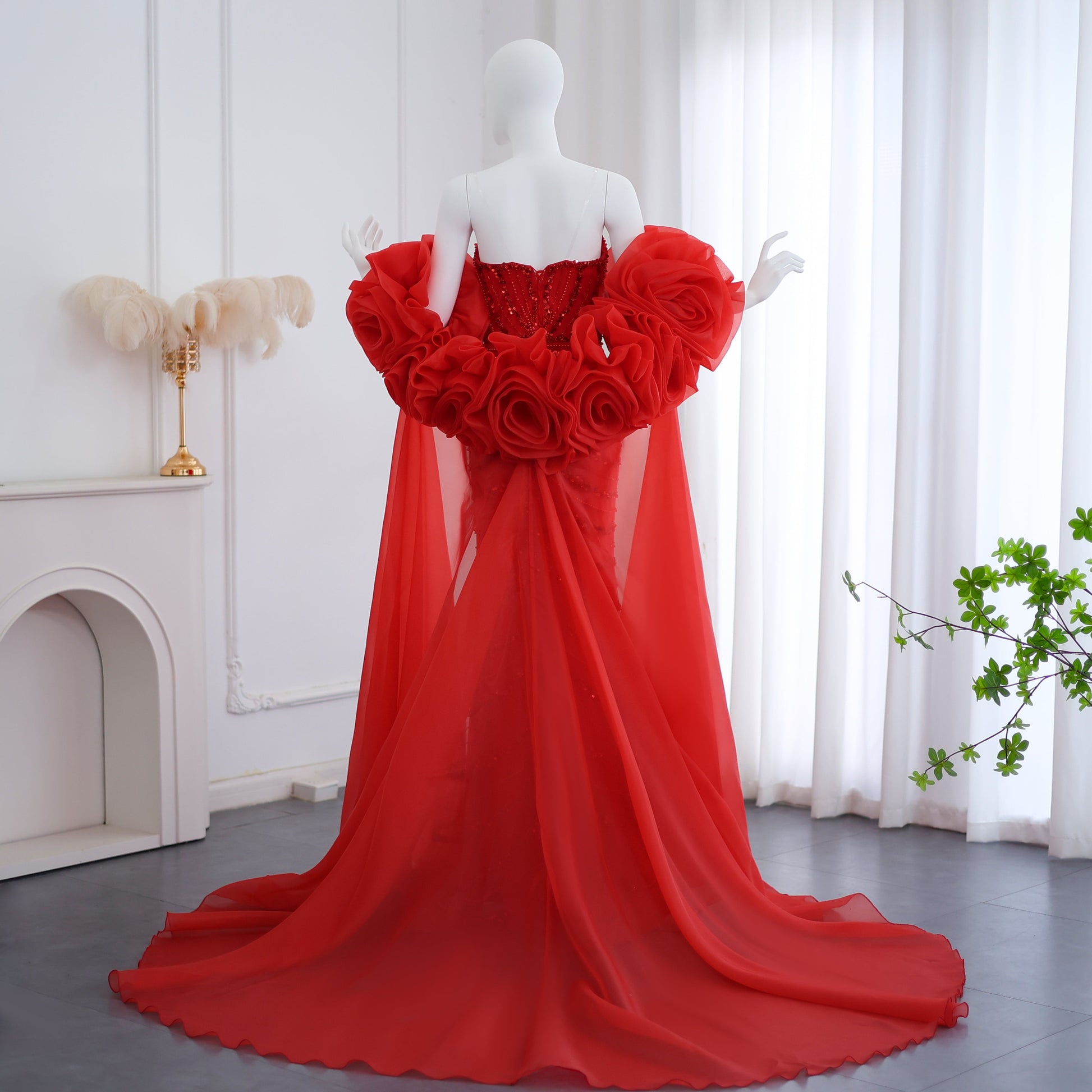Luxury Pearl Red Evening Dress with 3D Flowers Cape SS585