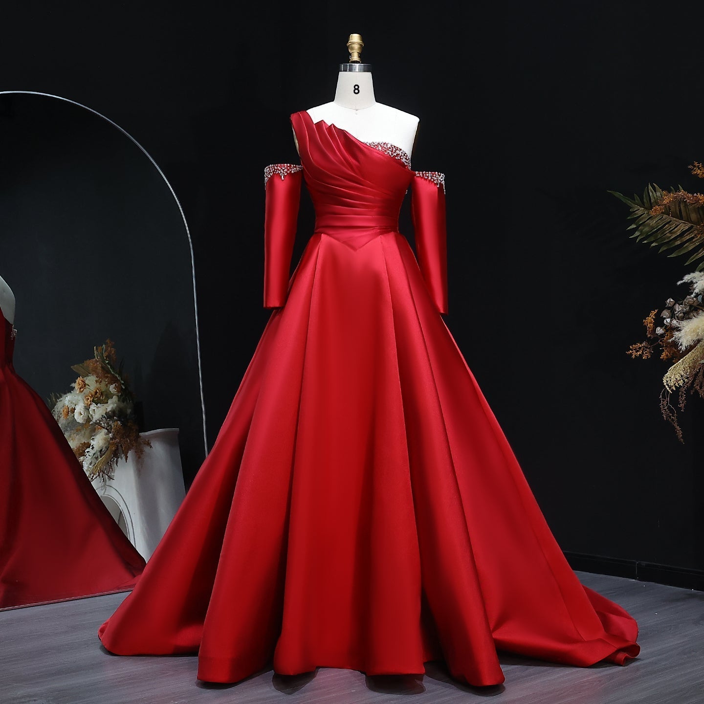 Elegant Black Satin Crystal One Shoulder Evening Dress SF272  Burgundy / US 16