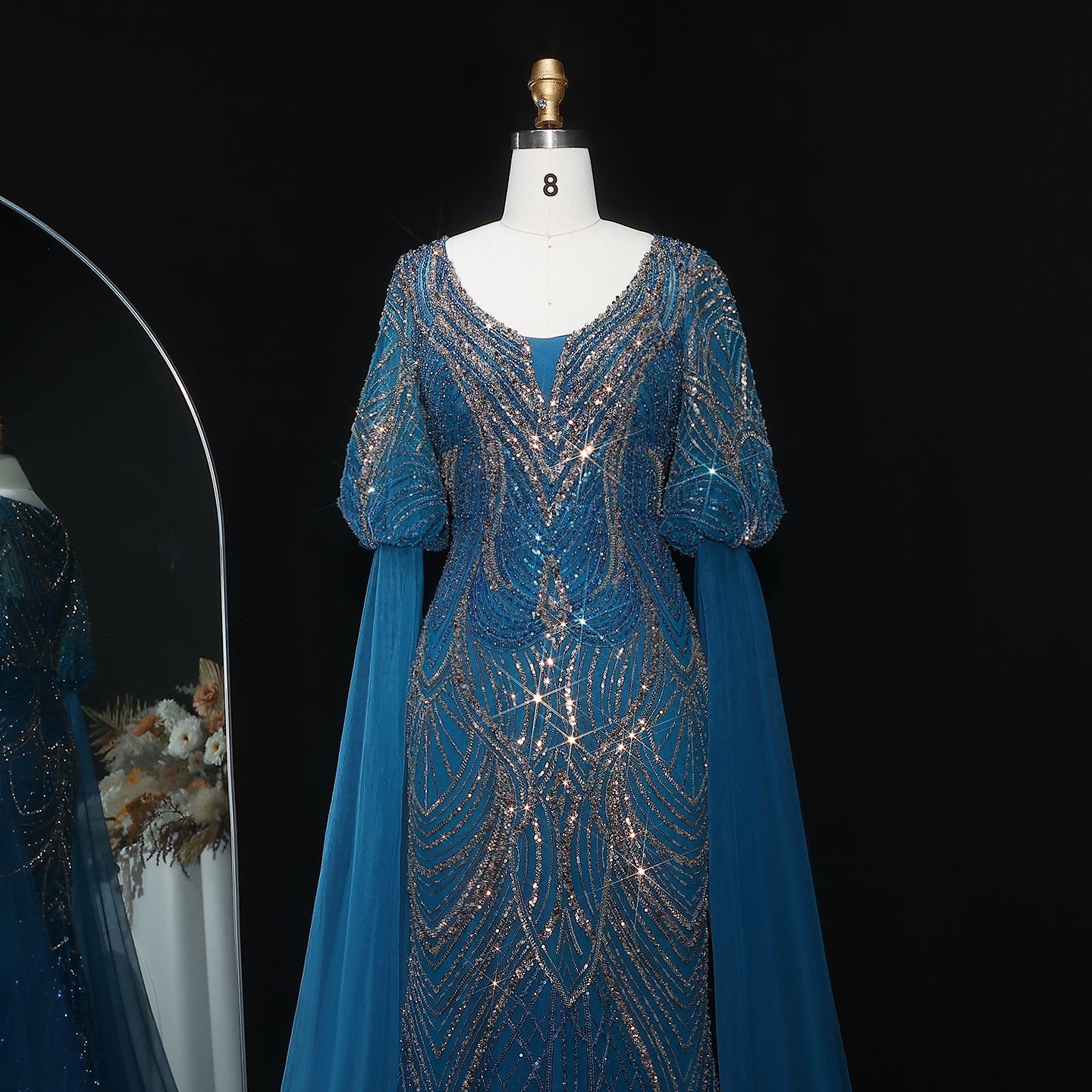 Stunning Blue Embellished Evening Dress with Flowing Sleeves SS038