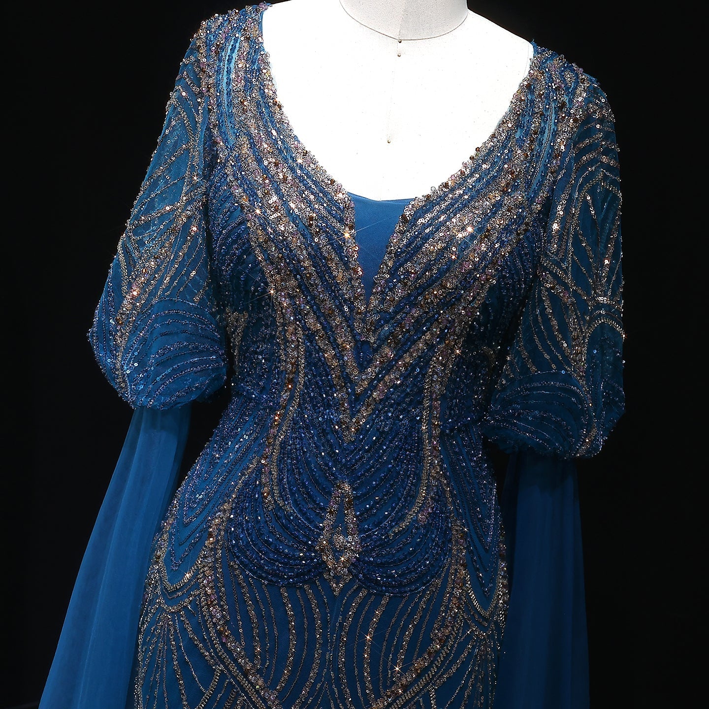 Stunning Blue Embellished Evening Dress with Flowing Sleeves SS038