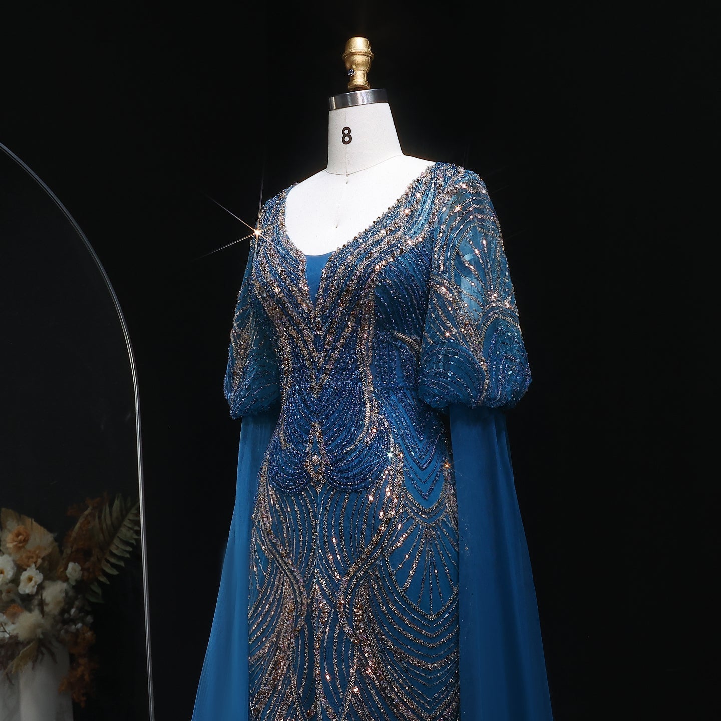 Stunning Blue Embellished Evening Dress with Flowing Sleeves SS038