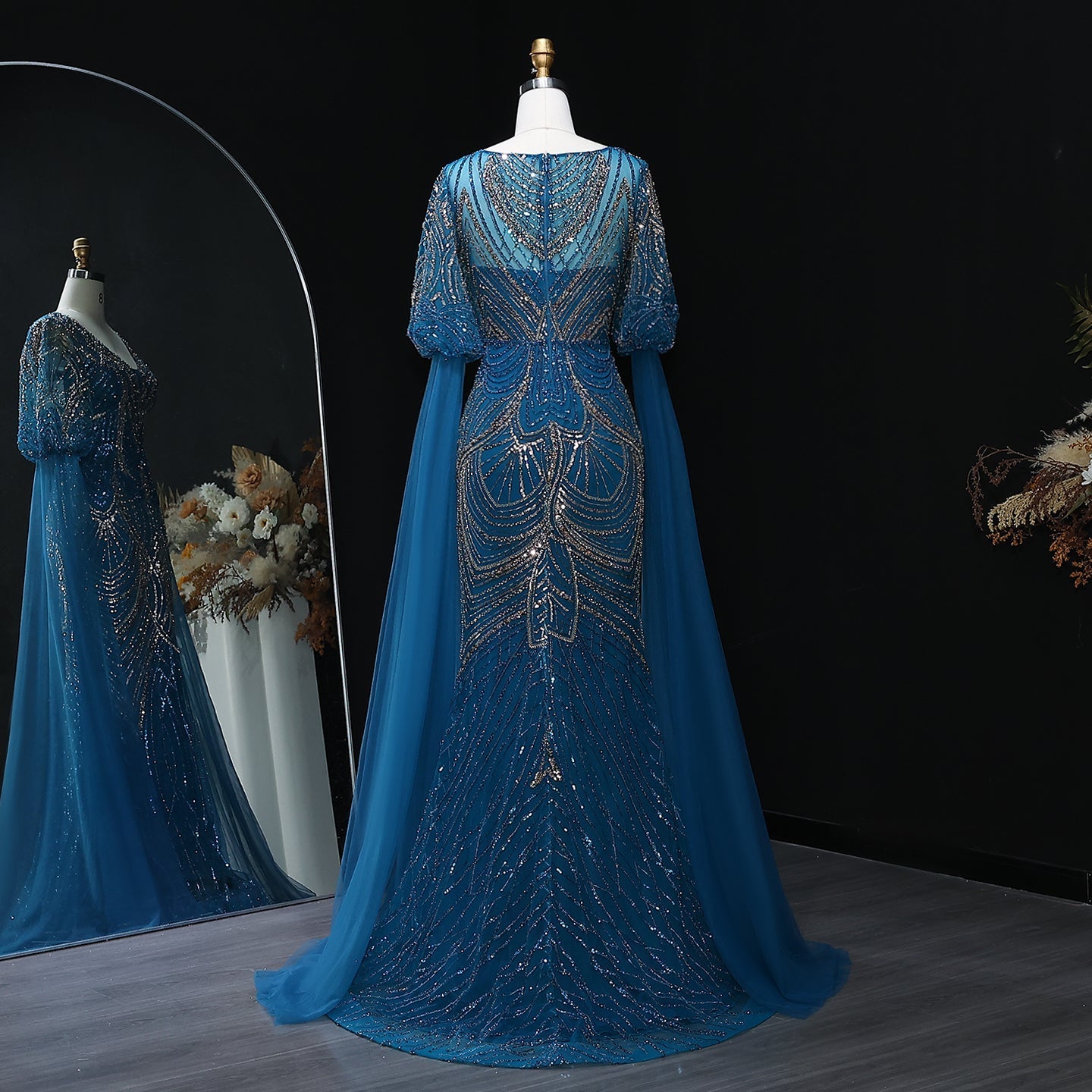Stunning Blue Embellished Evening Dress with Flowing Sleeves SS038