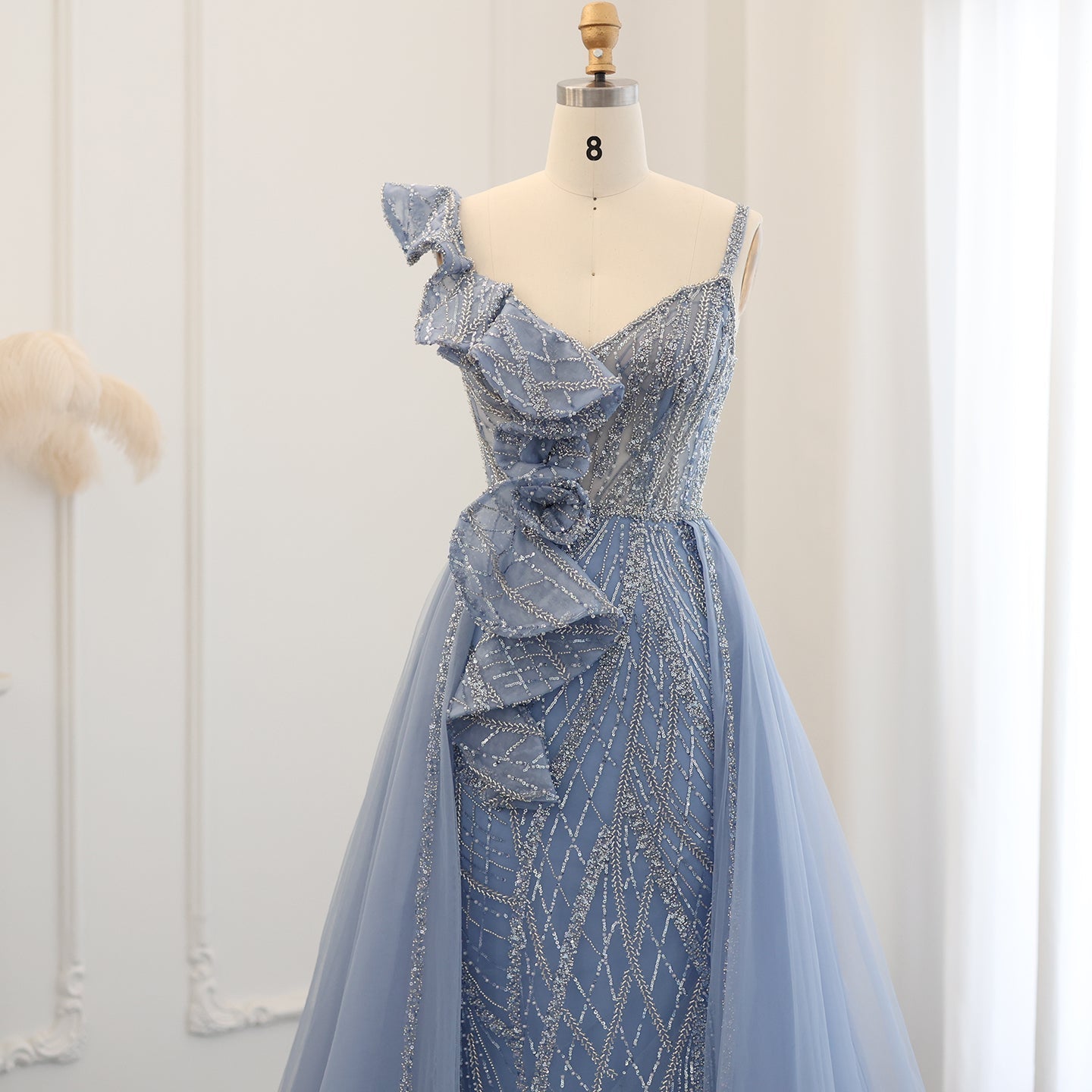 Elegant Spaghetti Blue Mermaid Evening Dress with Overskirt SS095