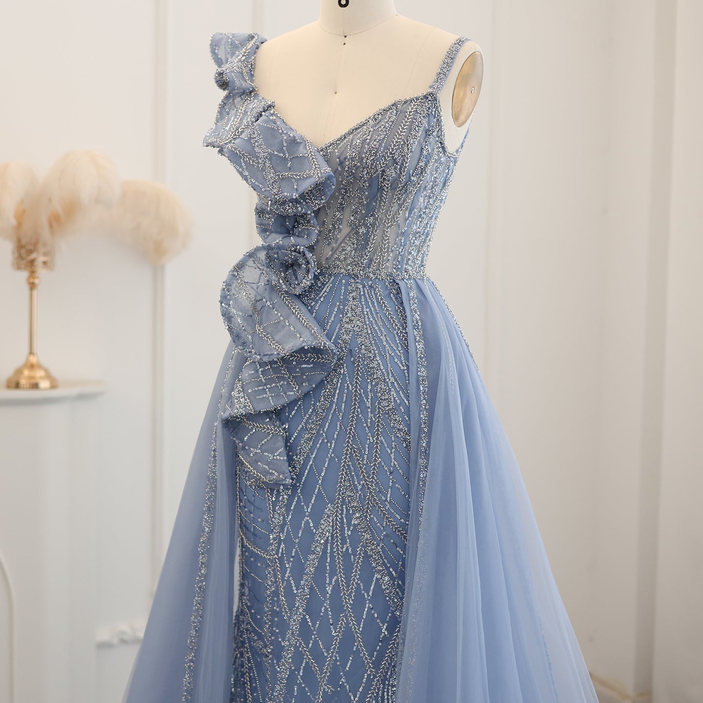 Elegant Spaghetti Blue Mermaid Evening Dress with Overskirt SS095