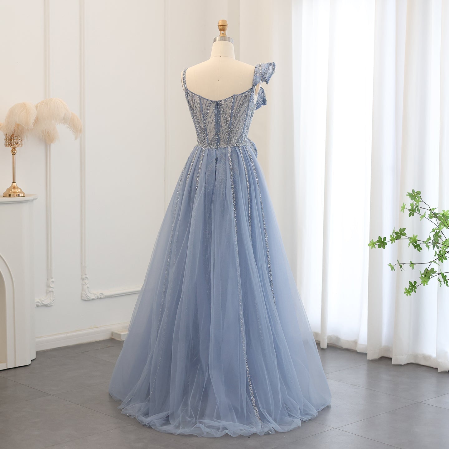 Elegant Spaghetti Blue Mermaid Evening Dress with Overskirt SS095