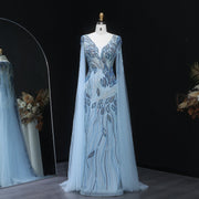 Elegant Beaded Blue Evening Dress with Cape Sleeves SS037  Blue / US 20