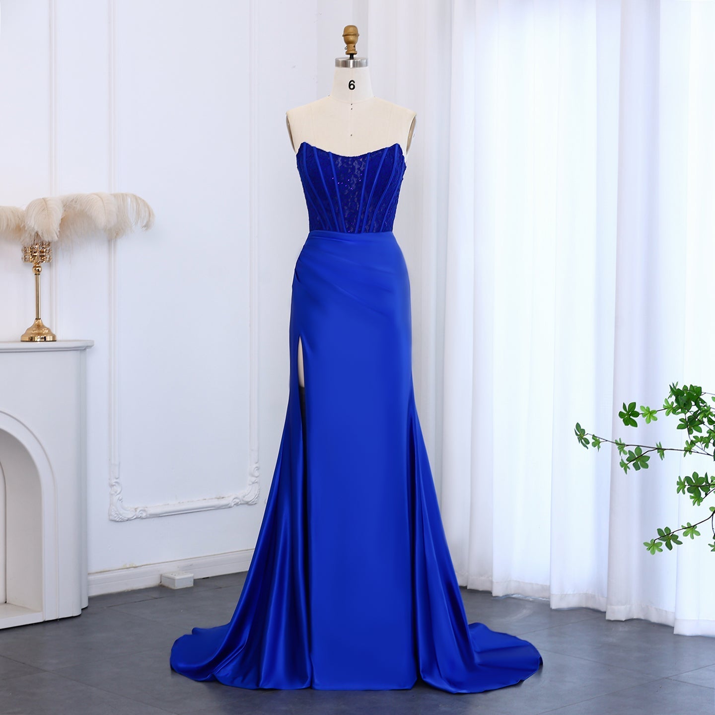 Stunning Royal blue Sleeveless Beaded Mermaid Prom Dress with Slit