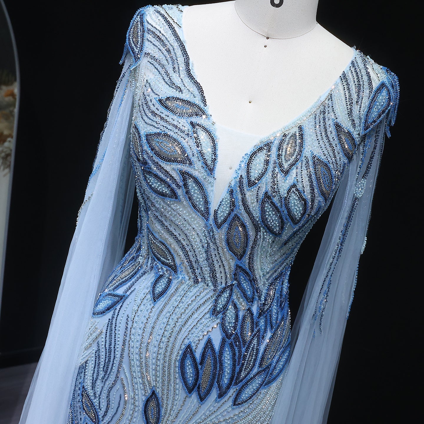 Elegant Beaded Blue Evening Dress with Cape Sleeves SS037