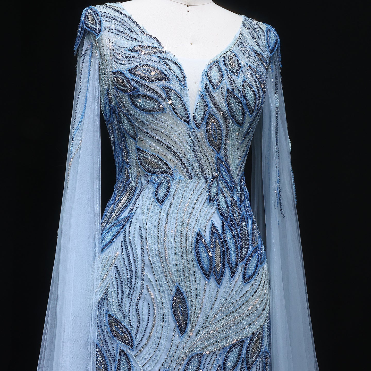 Elegant Beaded Blue Evening Dress with Cape Sleeves SS037