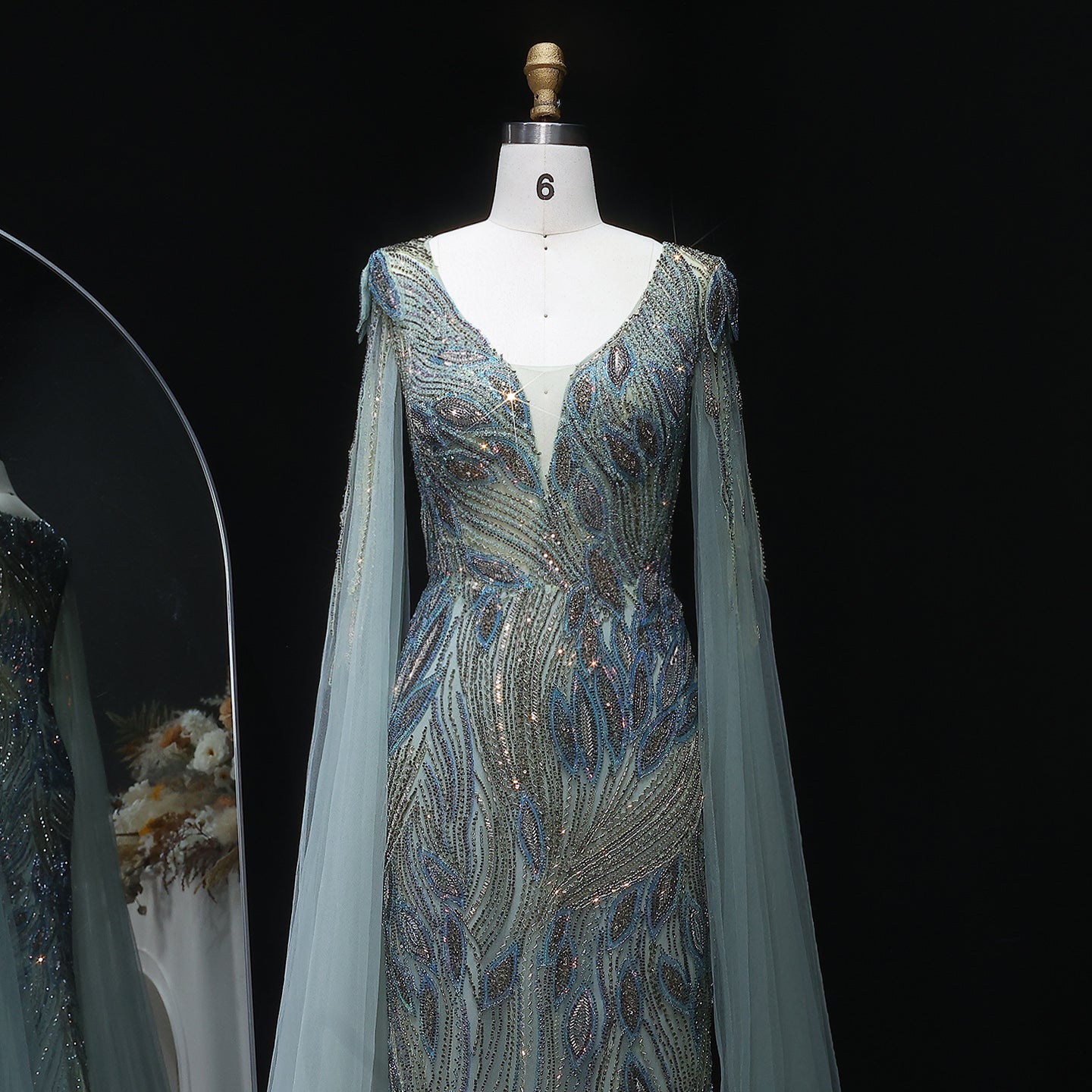 Elegant Beaded Blue Evening Dress with Cape Sleeves SS037