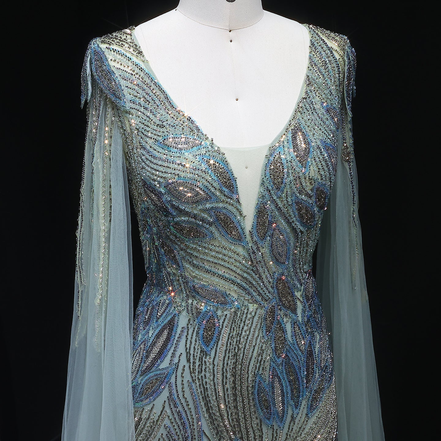 Elegant Beaded Blue Evening Dress with Cape Sleeves SS037