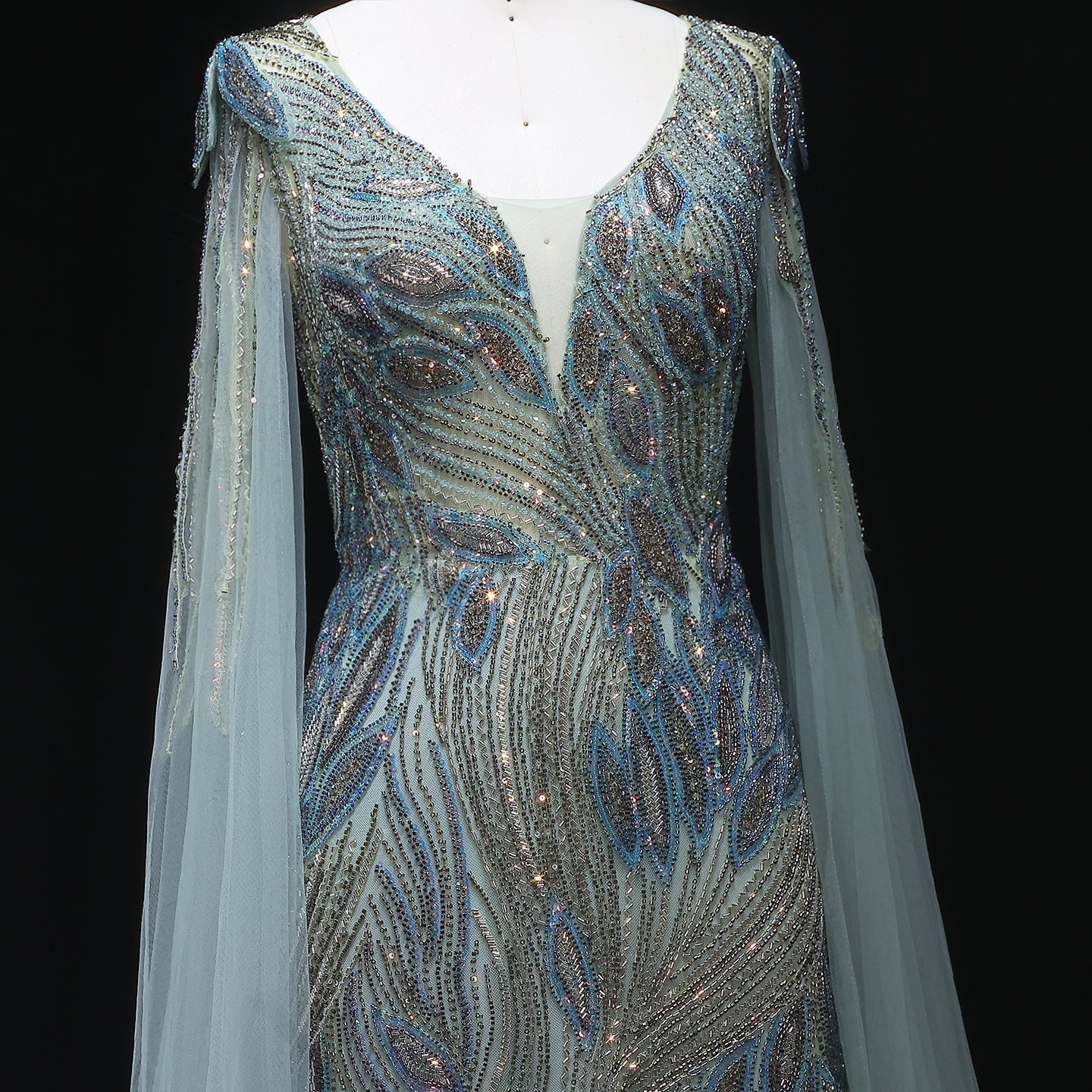 Elegant Beaded Blue Evening Dress with Cape Sleeves SS037