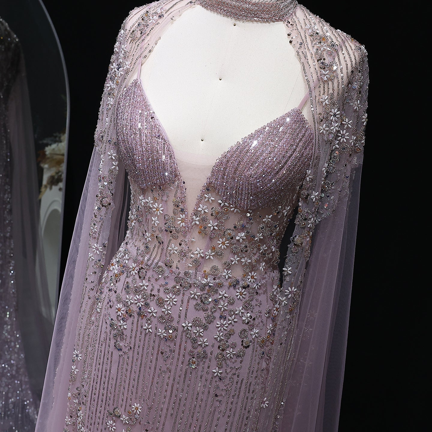 Sparkling Pink Evening Dress with Cape Sleeves SS142