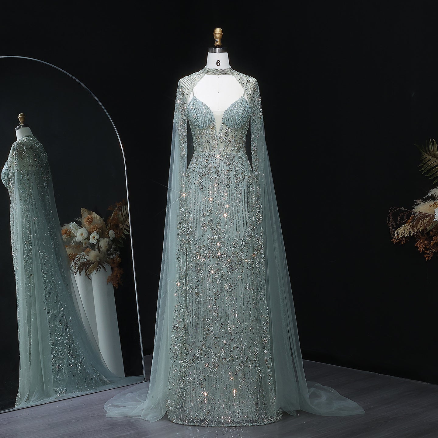 Sparkling Pink Evening Dress with Cape Sleeves SS142  Green / US 20