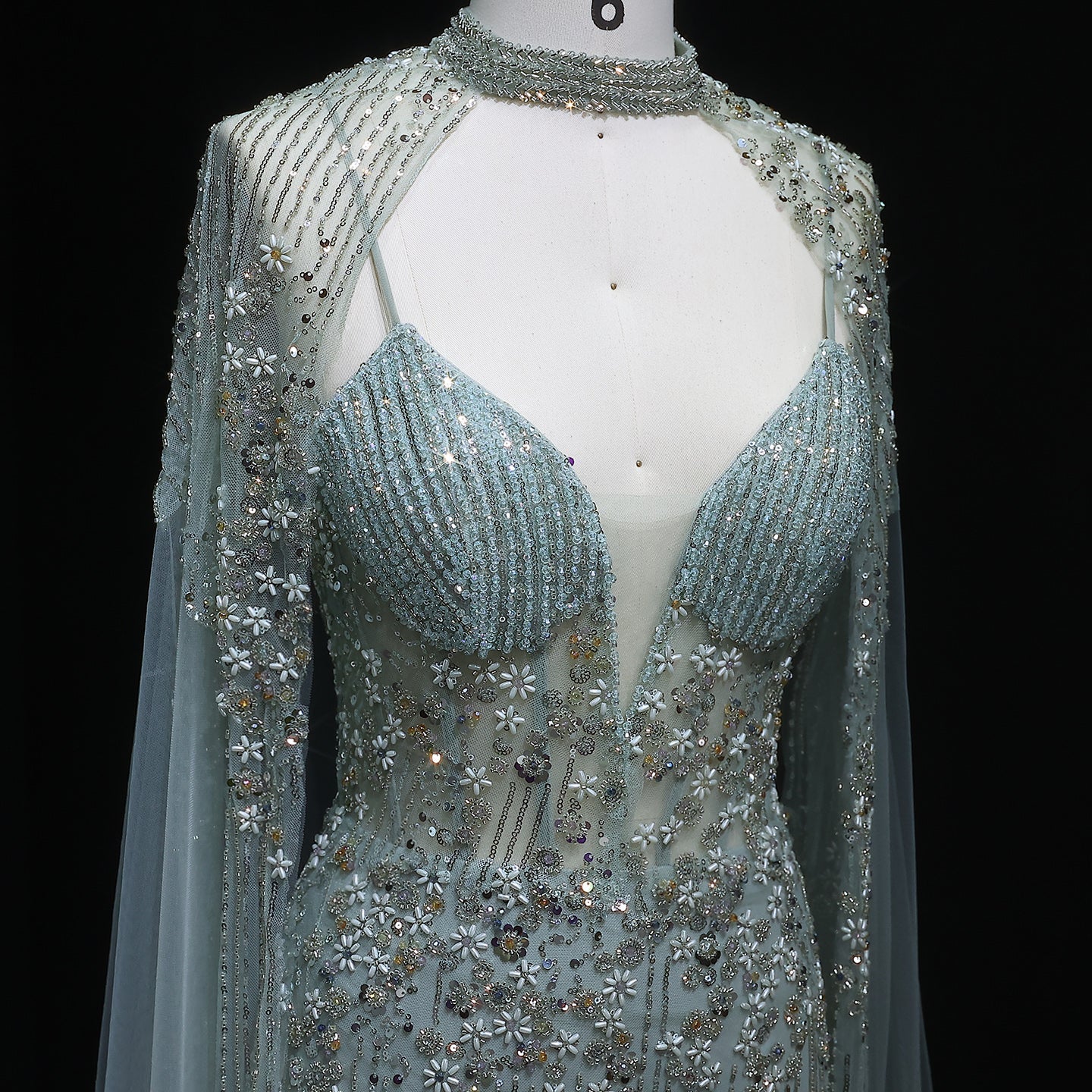 Sparkling Pink Evening Dress with Cape Sleeves SS142