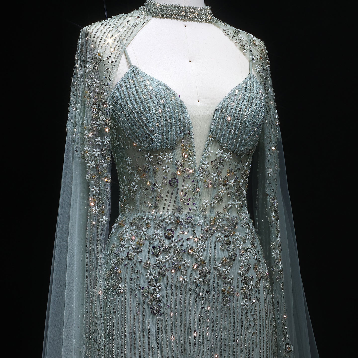 Sparkling Pink Evening Dress with Cape Sleeves SS142