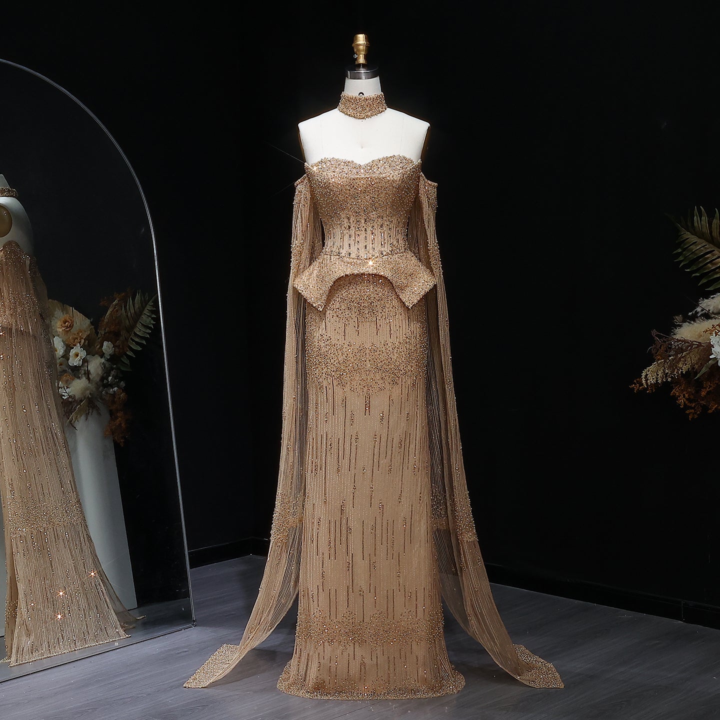 Stunning Gold Crystal Off Shoulder Evening Dress with Cape Sleeves SS558  Gold / US 16