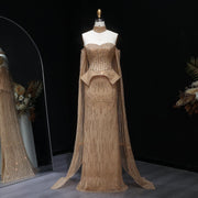 Stunning Gold Crystal Off Shoulder Evening Dress with Cape Sleeves SS558  Gold / US 16