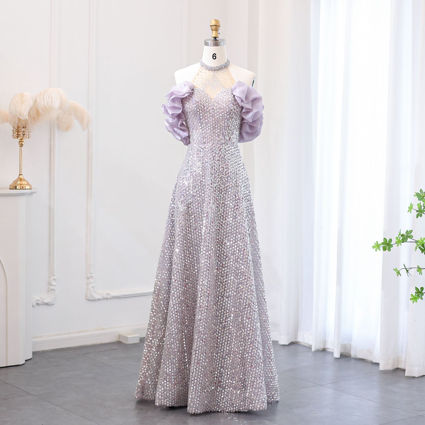 Sparkly Sequin Off Shoulder Pink Halter Evening Dress SS715  Lilac / US 20