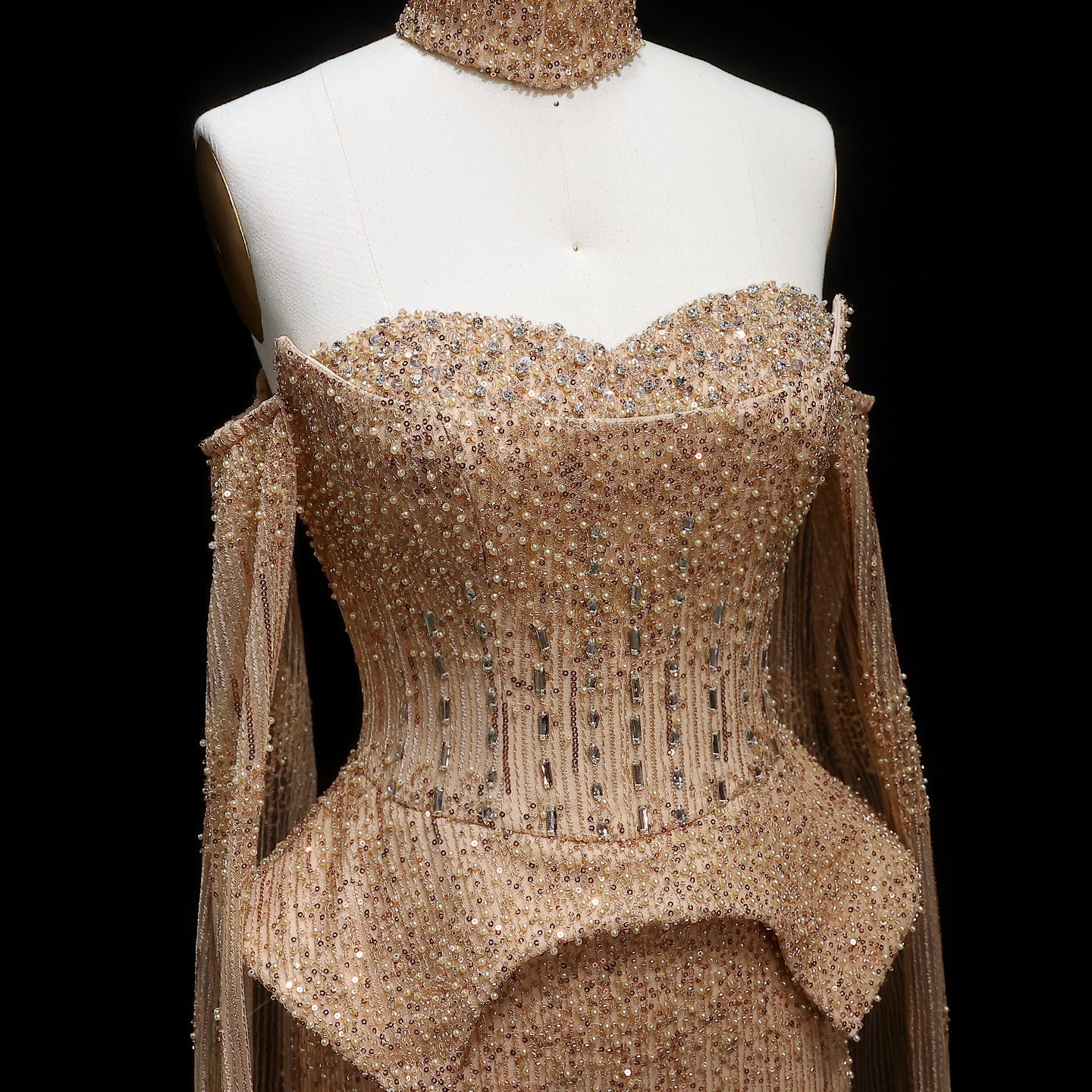 Stunning Gold Crystal Off Shoulder Evening Dress with Cape Sleeves SS558