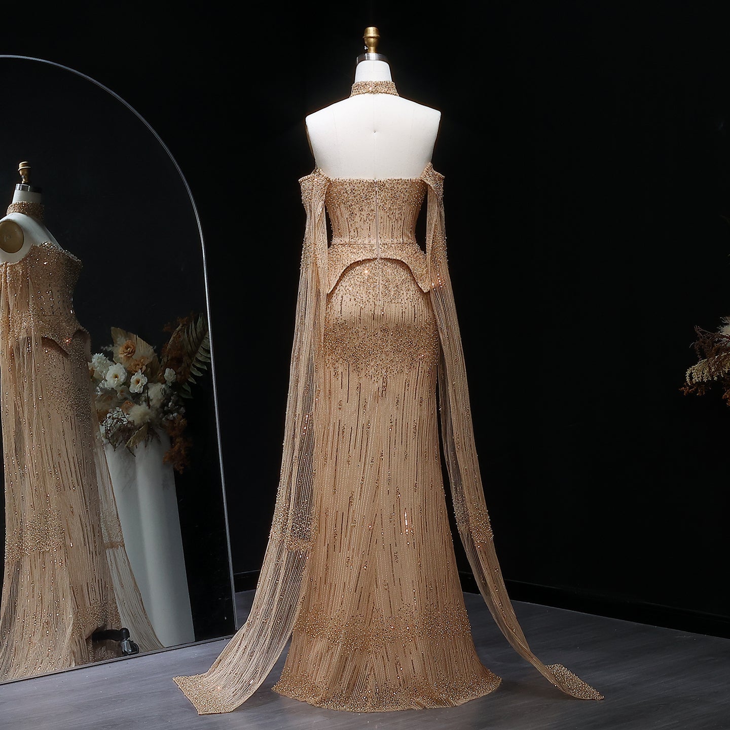 Stunning Gold Crystal Off Shoulder Evening Dress with Cape Sleeves SS558