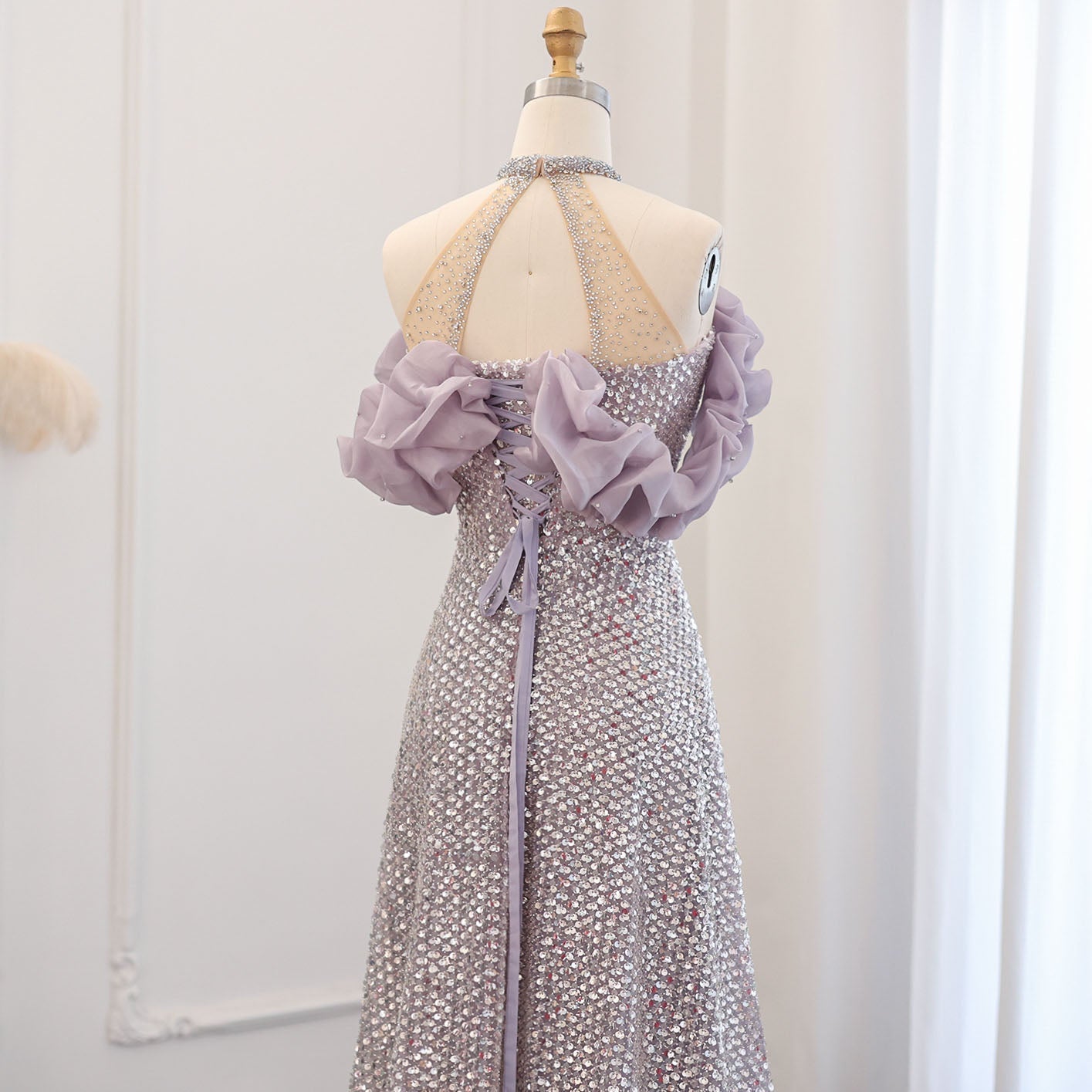 Sparkly Sequin Off Shoulder Pink Halter Evening Dress SS715