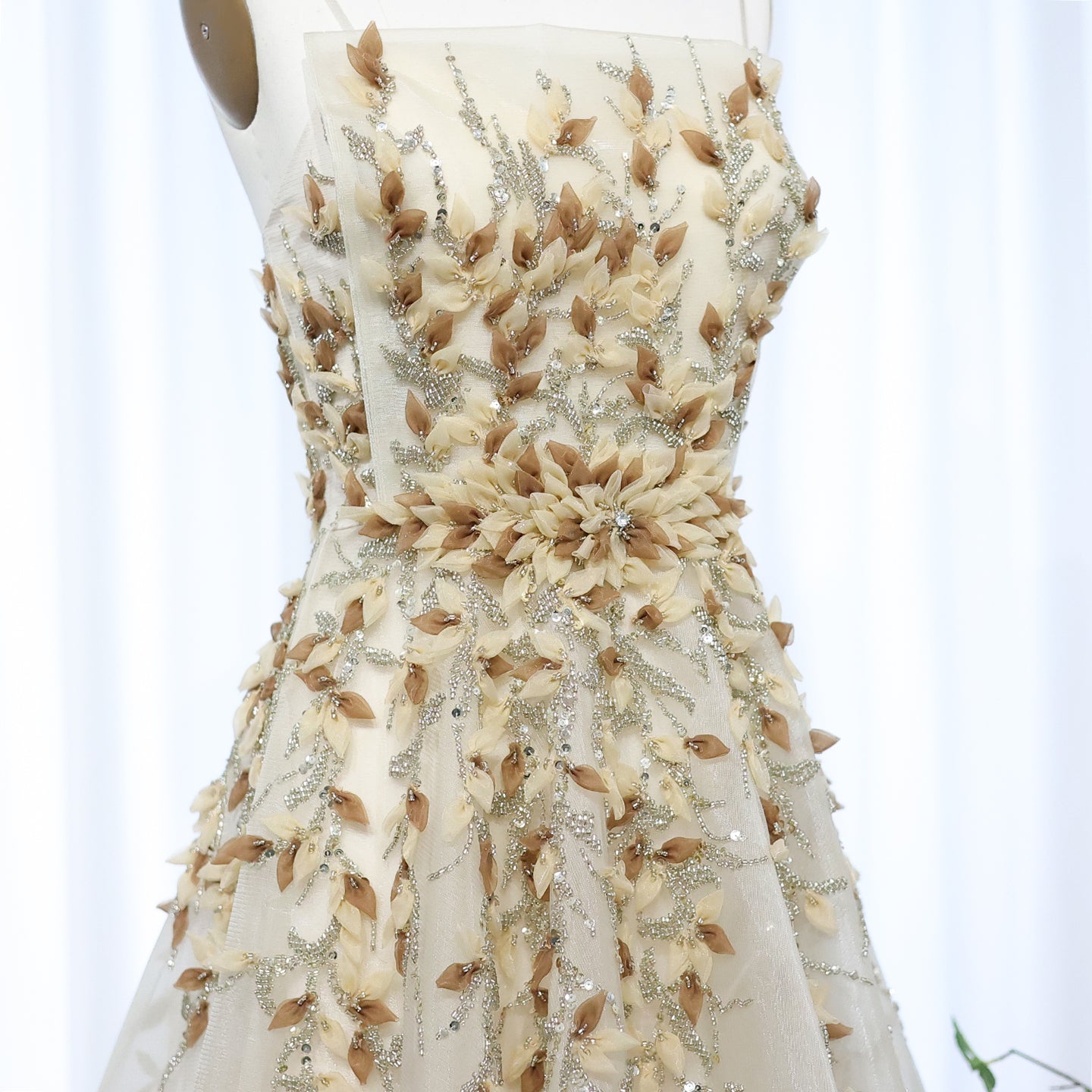 Luxury Beige Evening Dress with 3D Floral Embroidery SS362