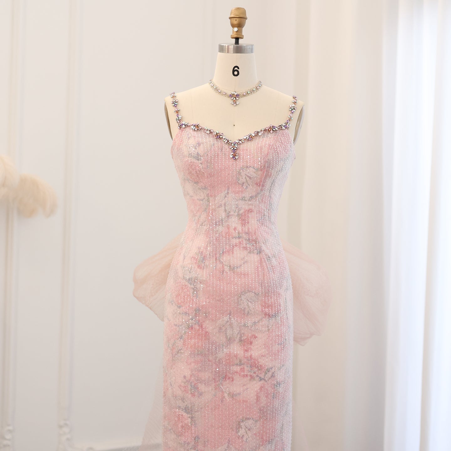 Elegant Crystal Pink Spaghetti Evening Dress with Necklace SS716