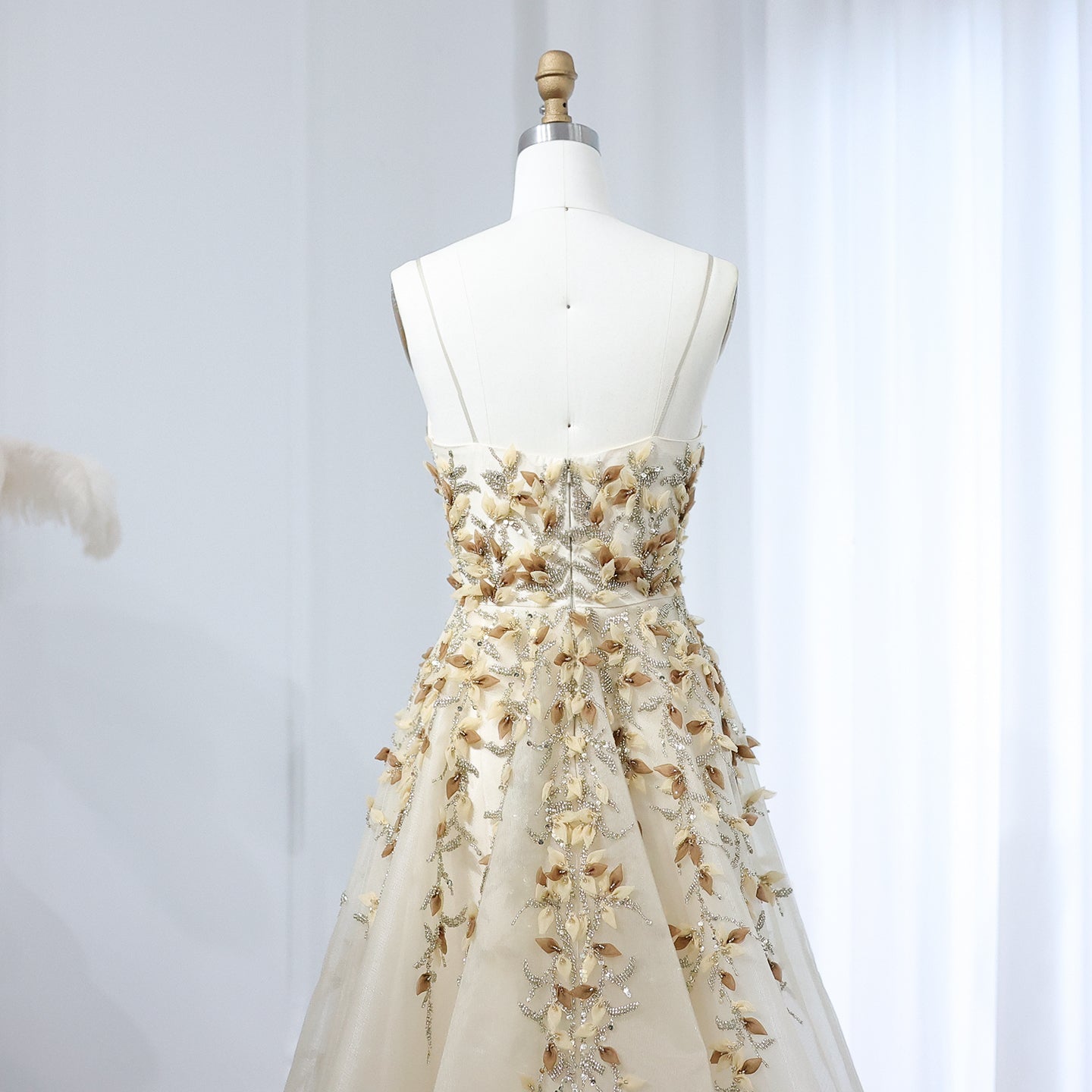 Luxury Beige Evening Dress with 3D Floral Embroidery SS362