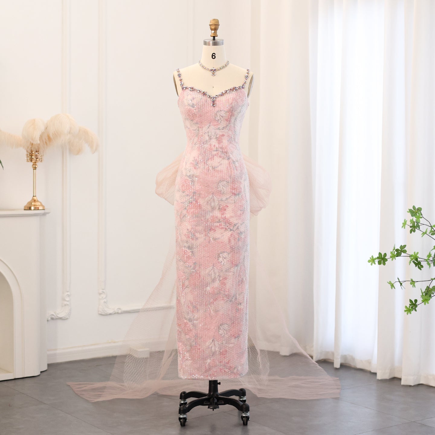Elegant Crystal Pink Spaghetti Evening Dress with Necklace SS716  Pink / US 16