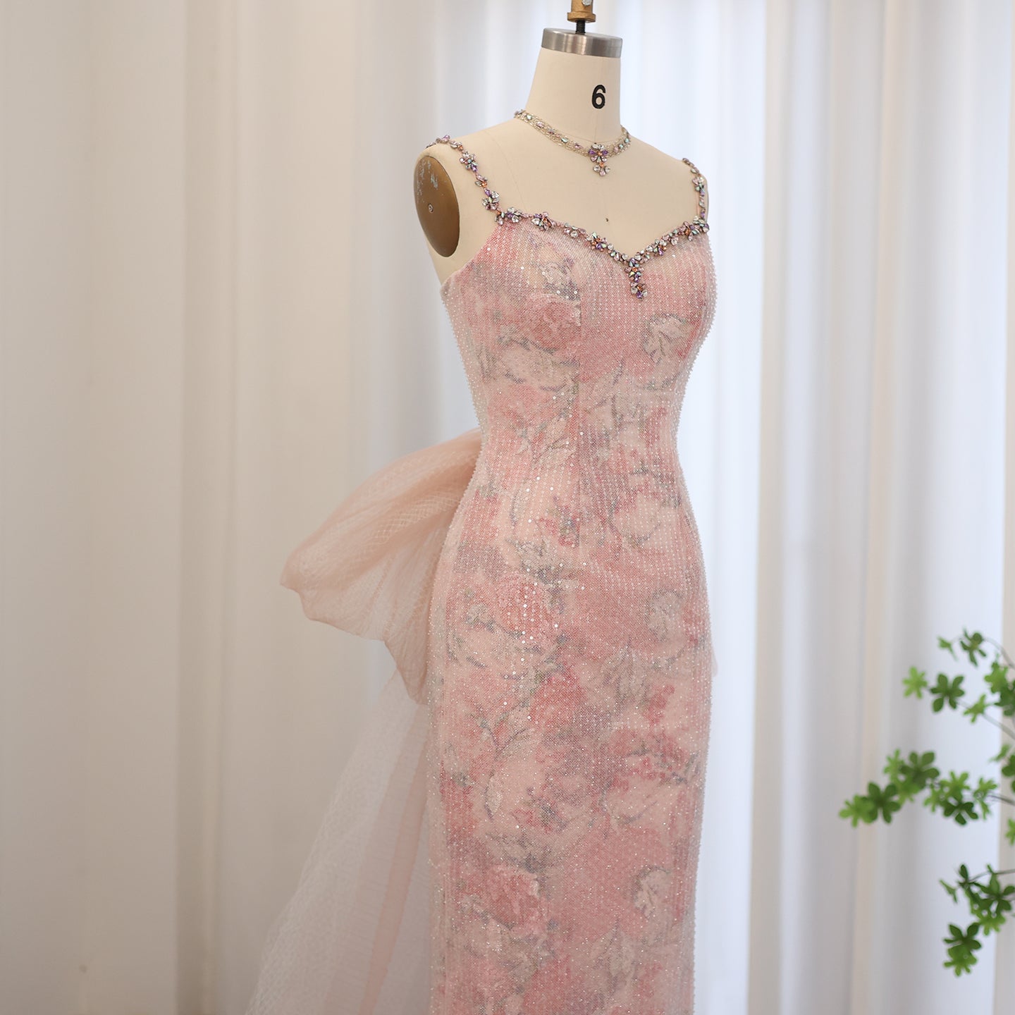 Elegant Crystal Pink Spaghetti Evening Dress with Necklace SS716