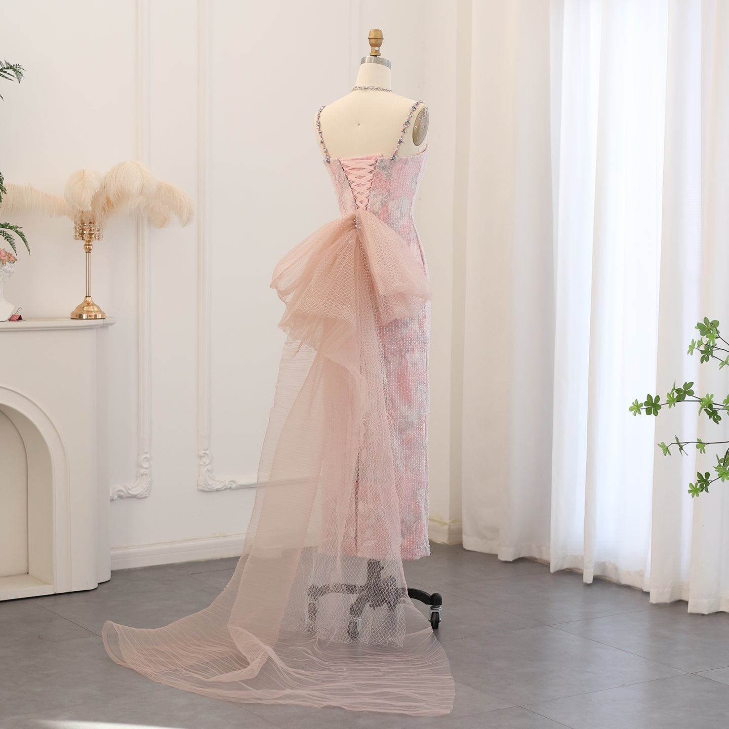 Elegant Crystal Pink Spaghetti Evening Dress with Necklace SS716