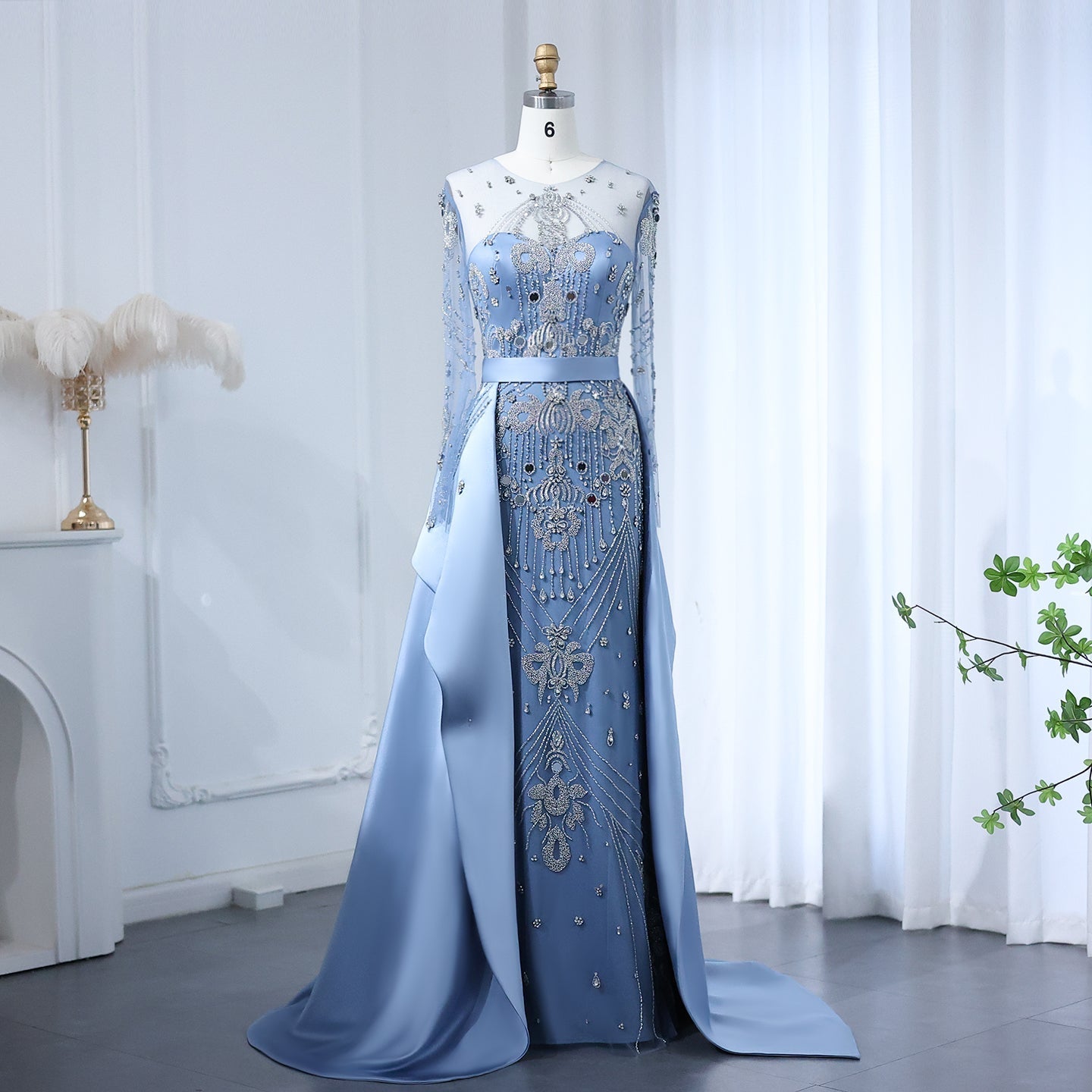 Luxury Beaded Blue Long Sleeves Evening Dress with Overskirt SS324