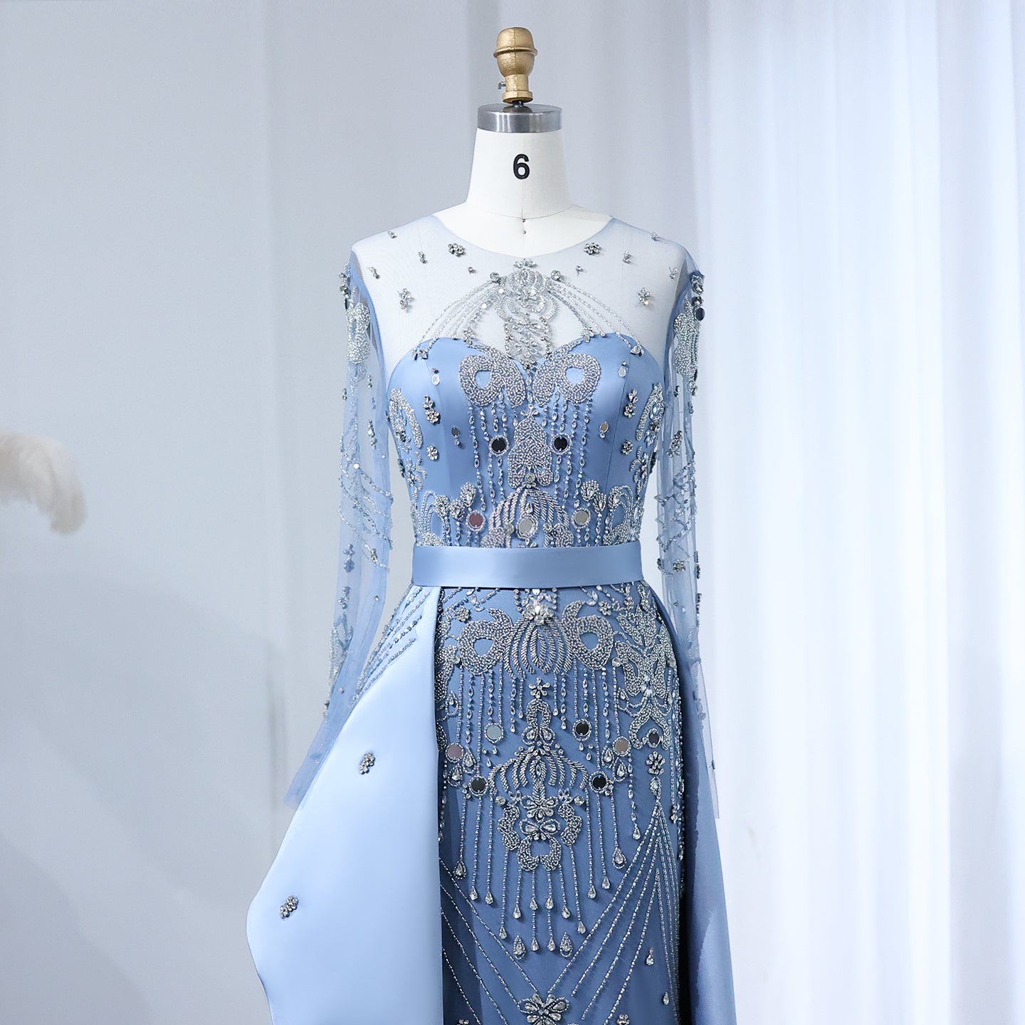 Luxury Beaded Blue Long Sleeves Evening Dress with Overskirt SS324