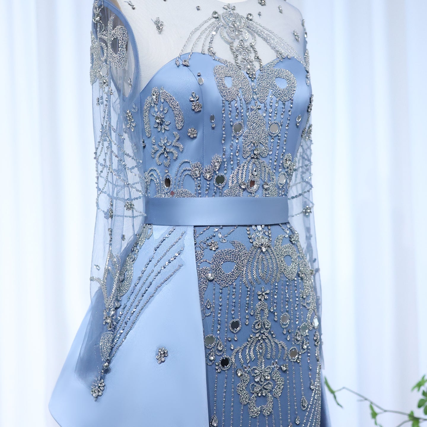 Luxury Beaded Blue Long Sleeves Evening Dress with Overskirt SS324