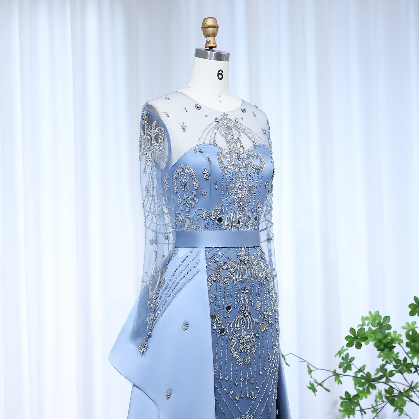 Luxury Beaded Blue Long Sleeves Evening Dress with Overskirt SS324