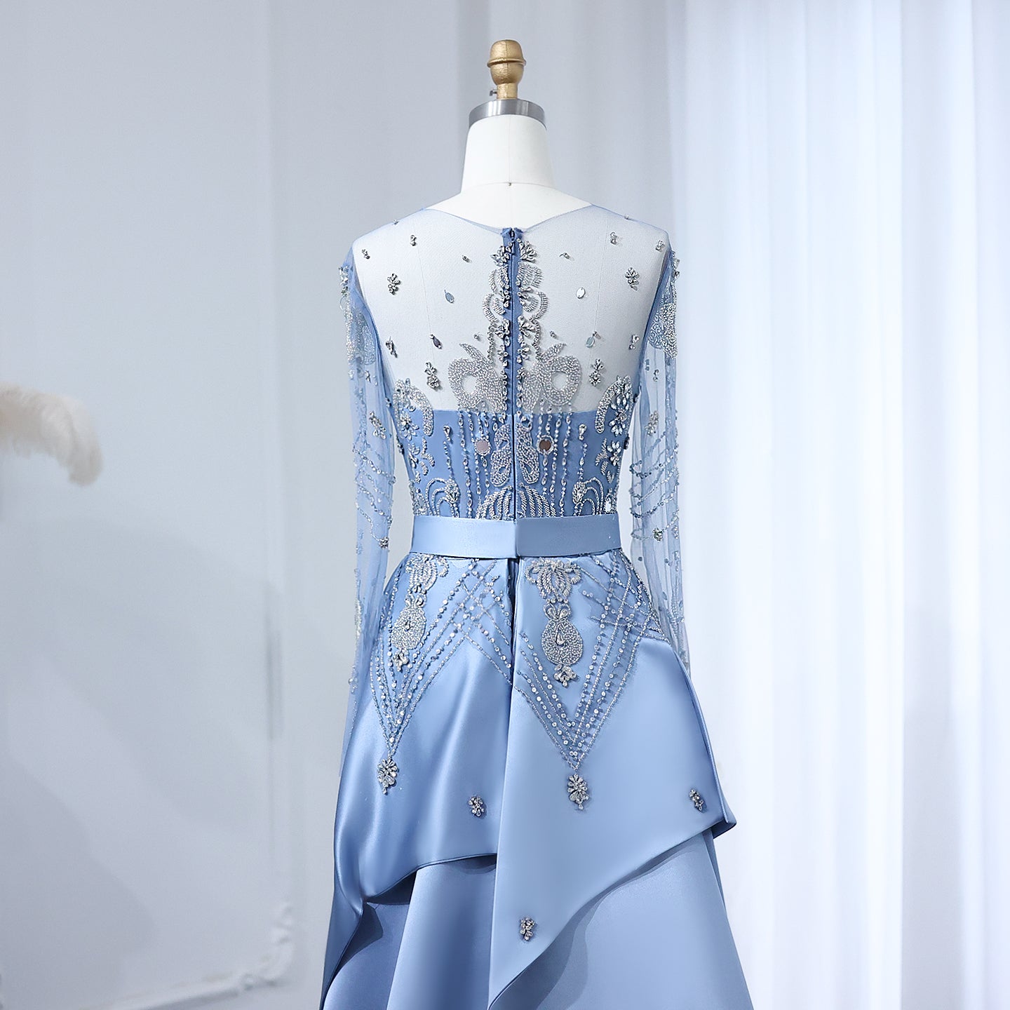 Luxury Beaded Blue Long Sleeves Evening Dress with Overskirt SS324