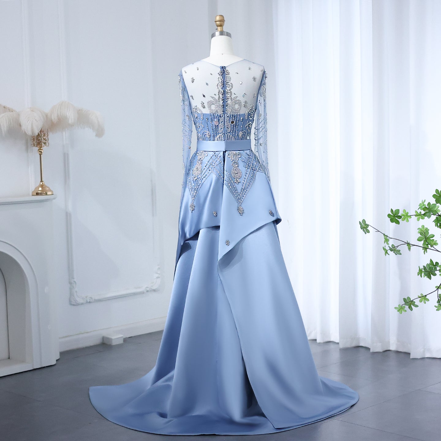 Luxury Beaded Blue Long Sleeves Evening Dress with Overskirt SS324